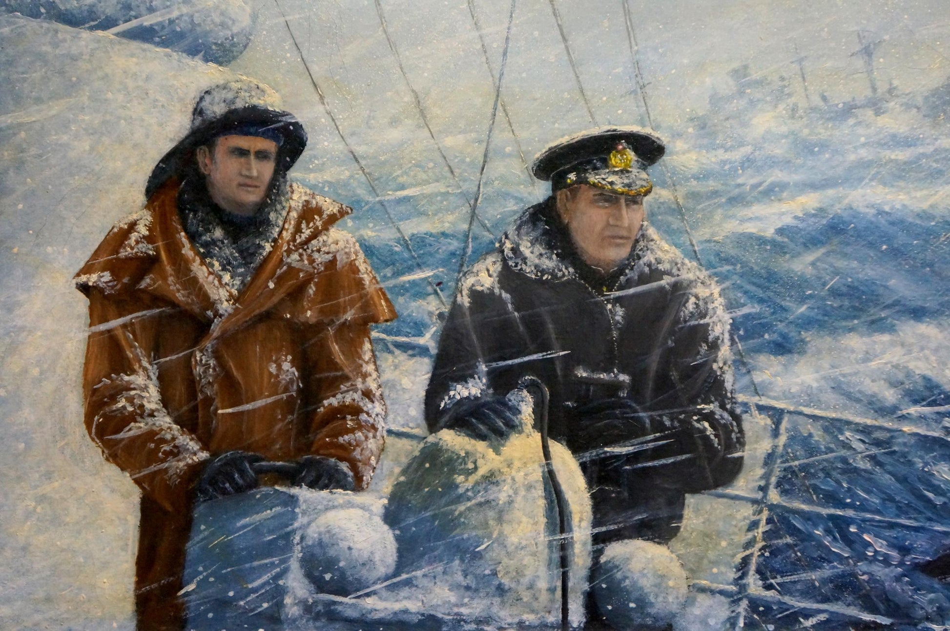 Oil painting In convoy by Polycarp Avilov: men on snowy ship deck