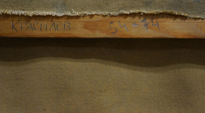 Back of Oil painting In convoy by Polycarp Avilov with stretcher markings