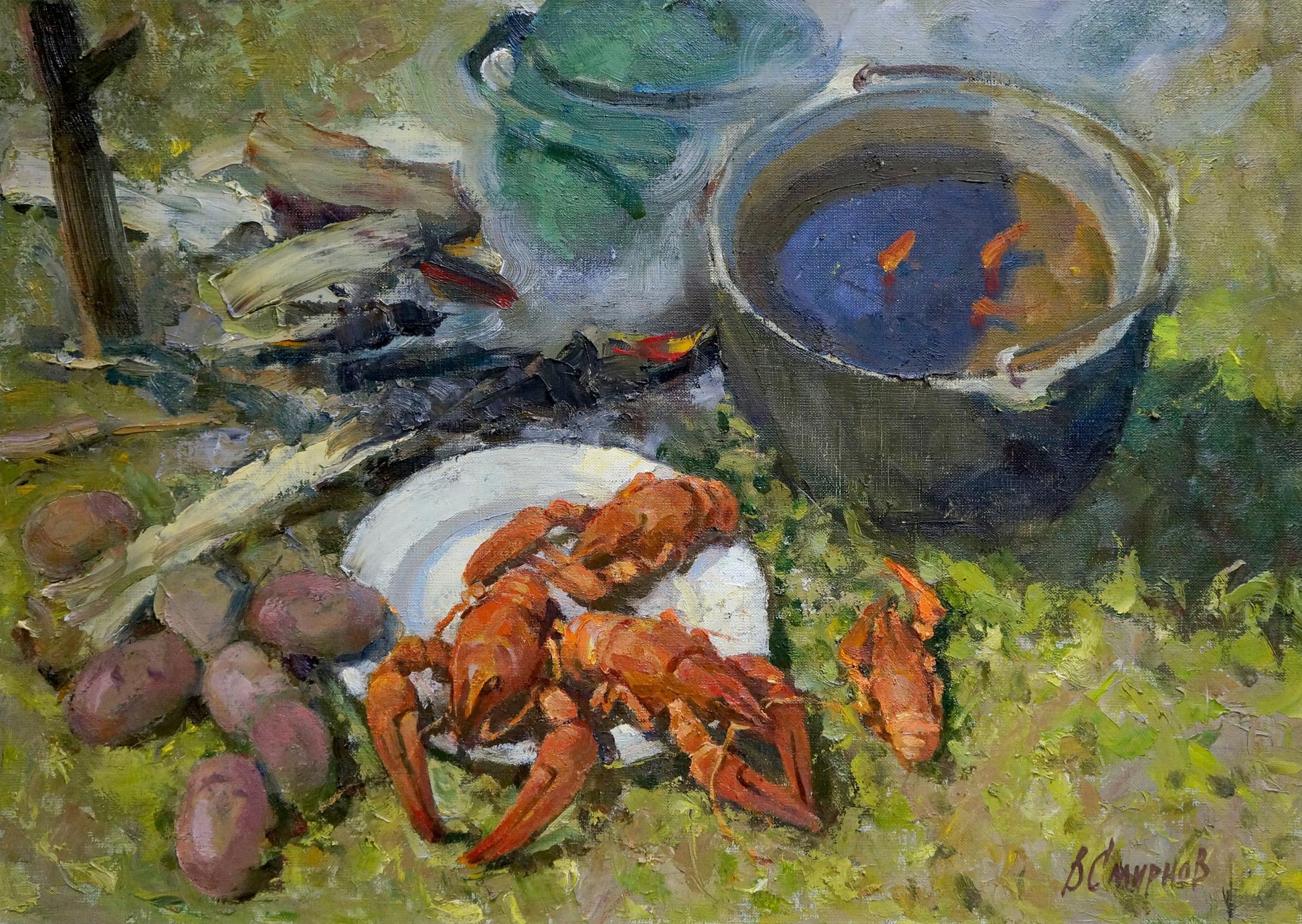 Oil painting of vibrant orange lobster on plate by Smirnov Valentin Sergeevic
