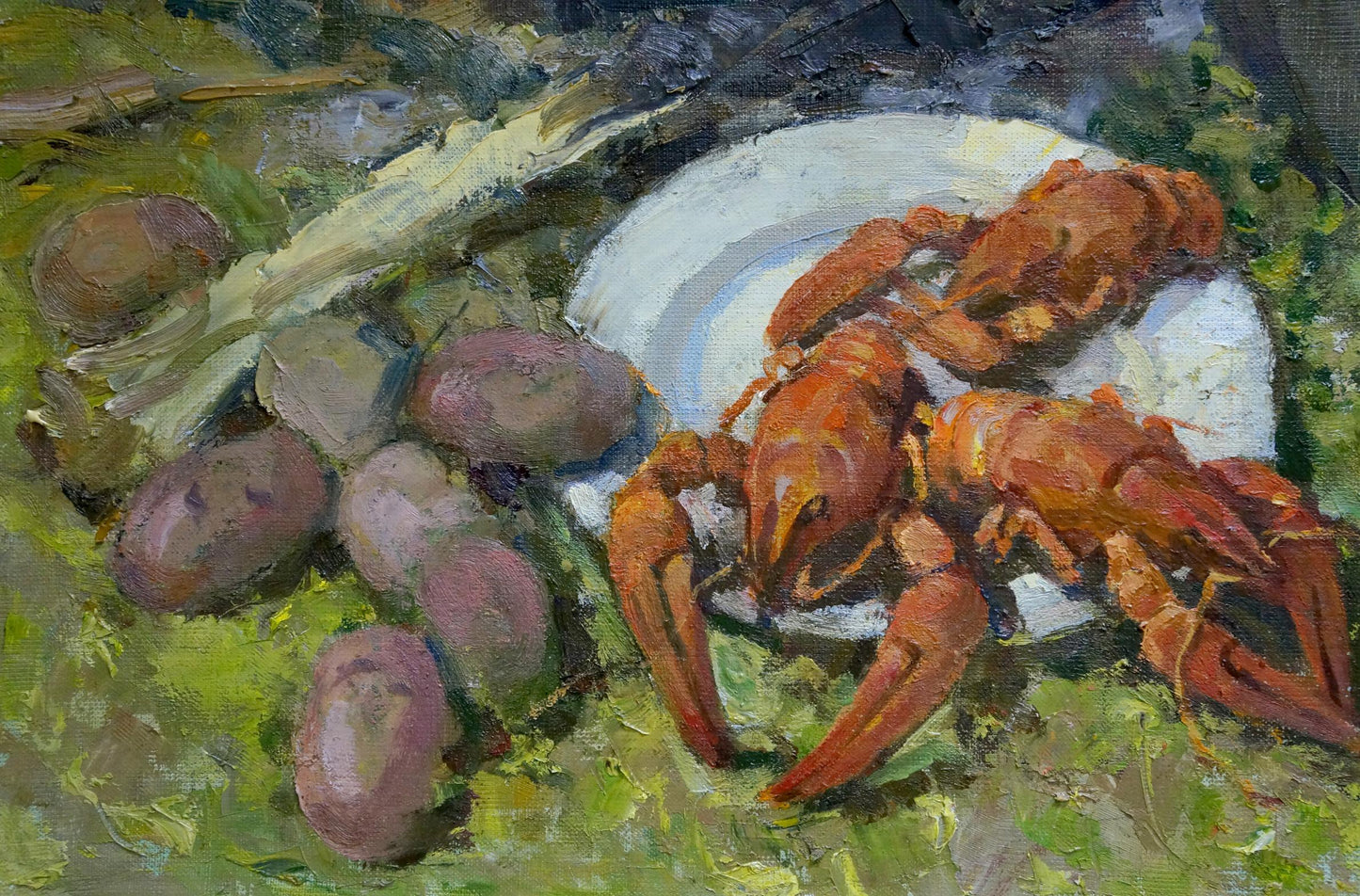 Oil painting of vibrant red lobster on plate by Smirnov Valentin Sergeevic