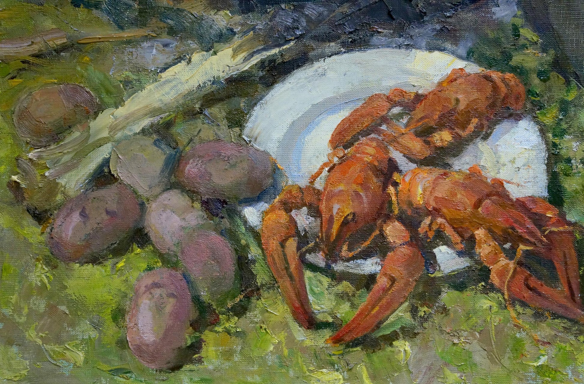 Oil painting of vibrant red lobster on plate by Smirnov Valentin Sergeevic