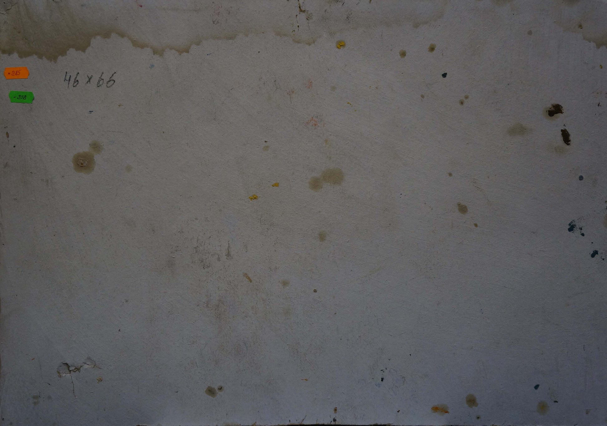 Weathered white canvas back of Oil painting Sea breeze by Shapovalov Sergey Gavrilovich with brown black stains