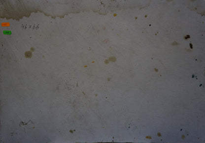 Weathered white canvas back of Oil painting Sea breeze by Shapovalov Sergey Gavrilovich with brown black stains