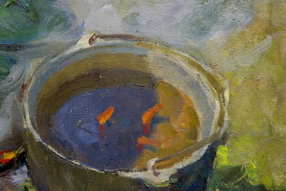 Oil painting by Smirnov Valentin Sergeevic of ceramic bowl with handle, dark blue water, two orange fish