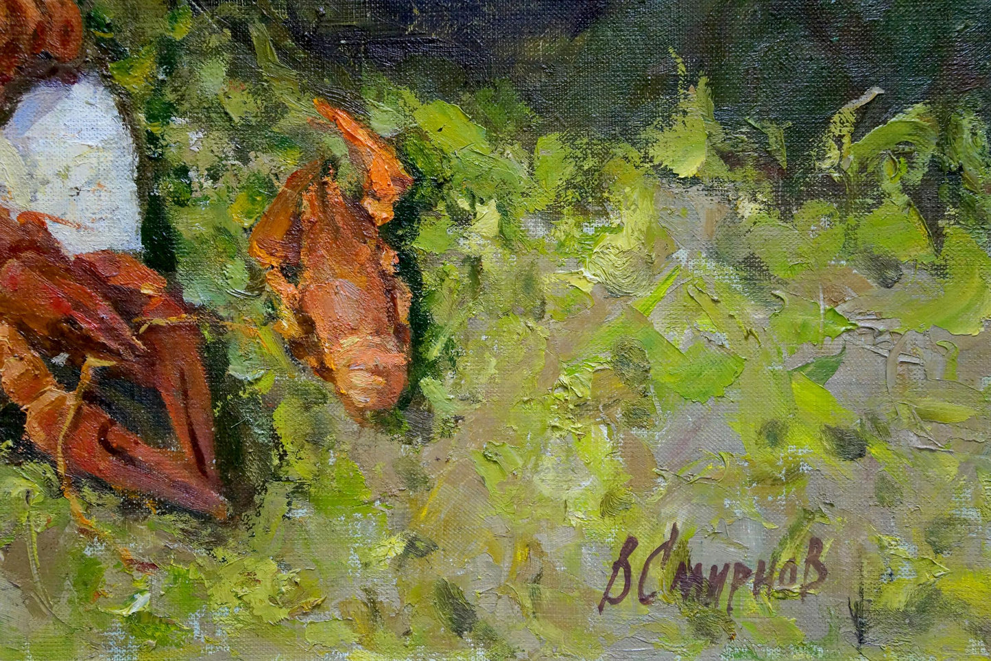 Oil painting by Smirnov Valentin Sergeevic of reddish-orange crabs in green foliage