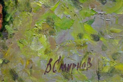 Back of Oil painting Cooking by Smirnov Valentin Sergeevic, impasto green brown strokes
