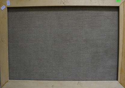 Back of framed Oil painting Cooking by Smirnov Valentin Sergeevic, gray fabric and wood frame