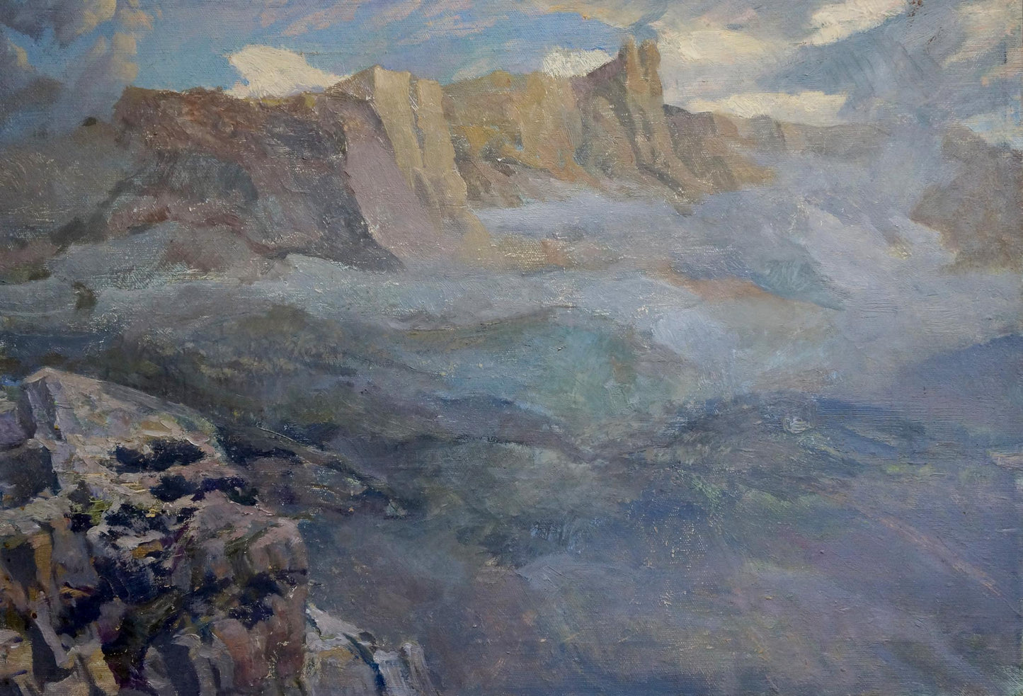 Oil painting Fog by Golembievskaya Tatyana Nikolaevna, misty mountain peaks