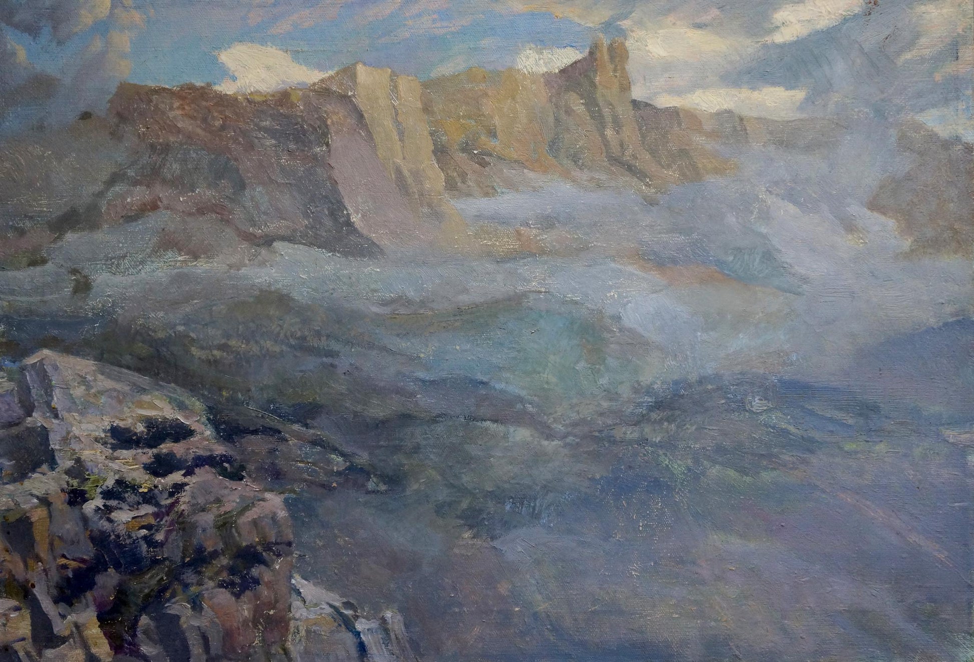Oil painting Fog by Golembievskaya Tatyana Nikolaevna, misty mountain peaks
