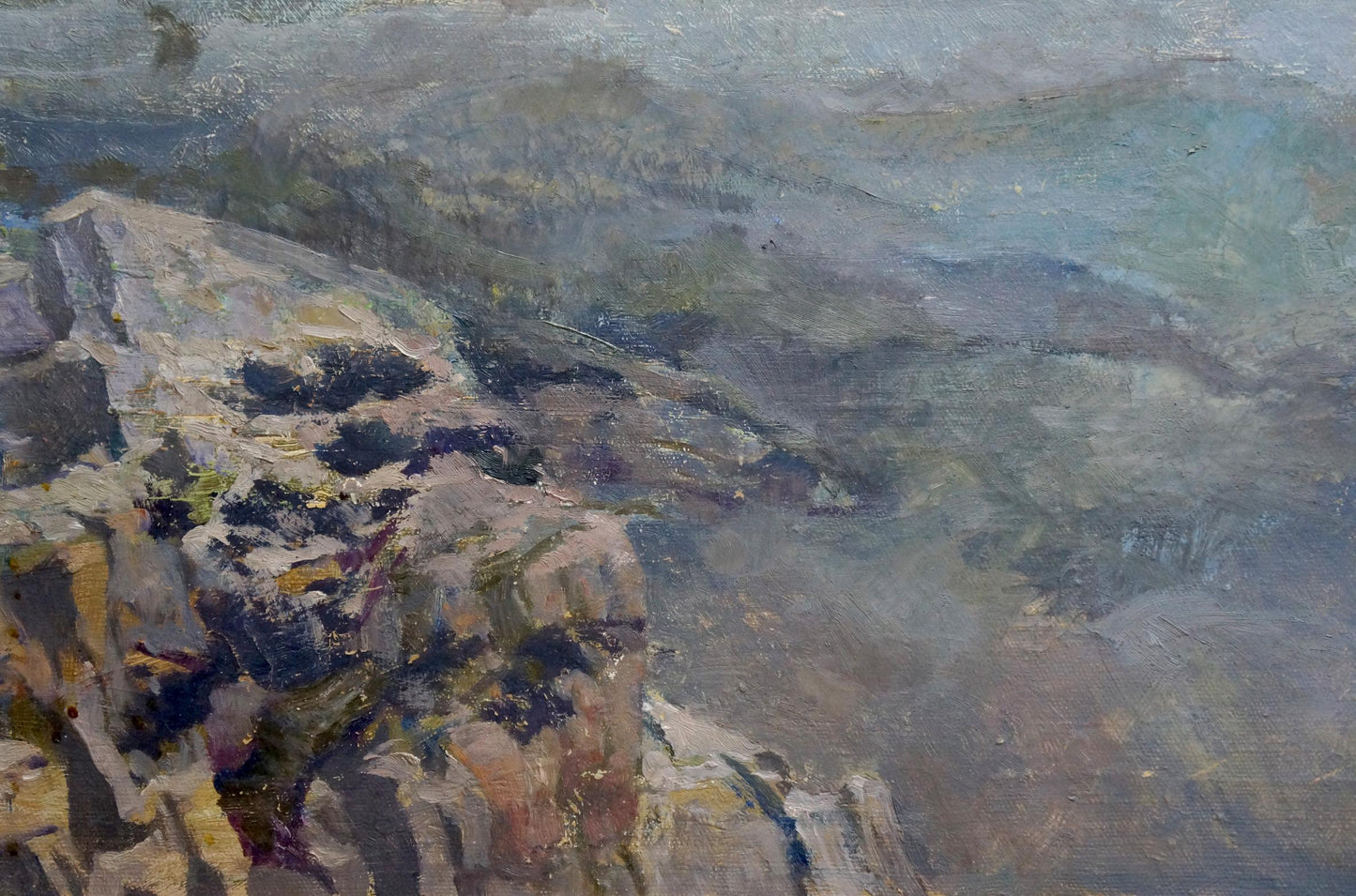 Oil painting Fog by Golembievskaya Tatyana Nikolaevna, rugged rocks in earth tones