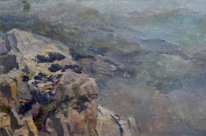 Oil painting Fog by Golembievskaya Tatyana Nikolaevna, rugged rocks in earth tones