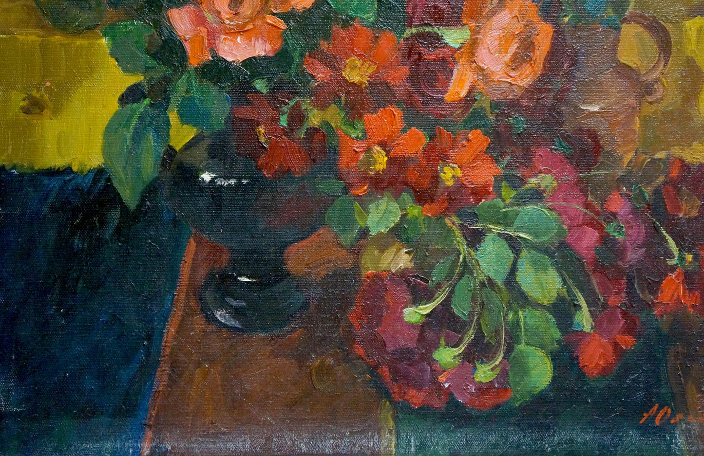 Oil painting of vibrant orange red rose bouquet by Oleinik Anna Petrovna
