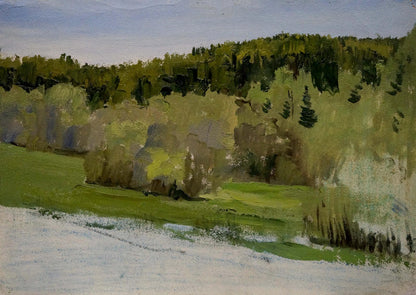 Oil painting Spring sketch by Yakovlev B.N. lush green trees hills blue sky