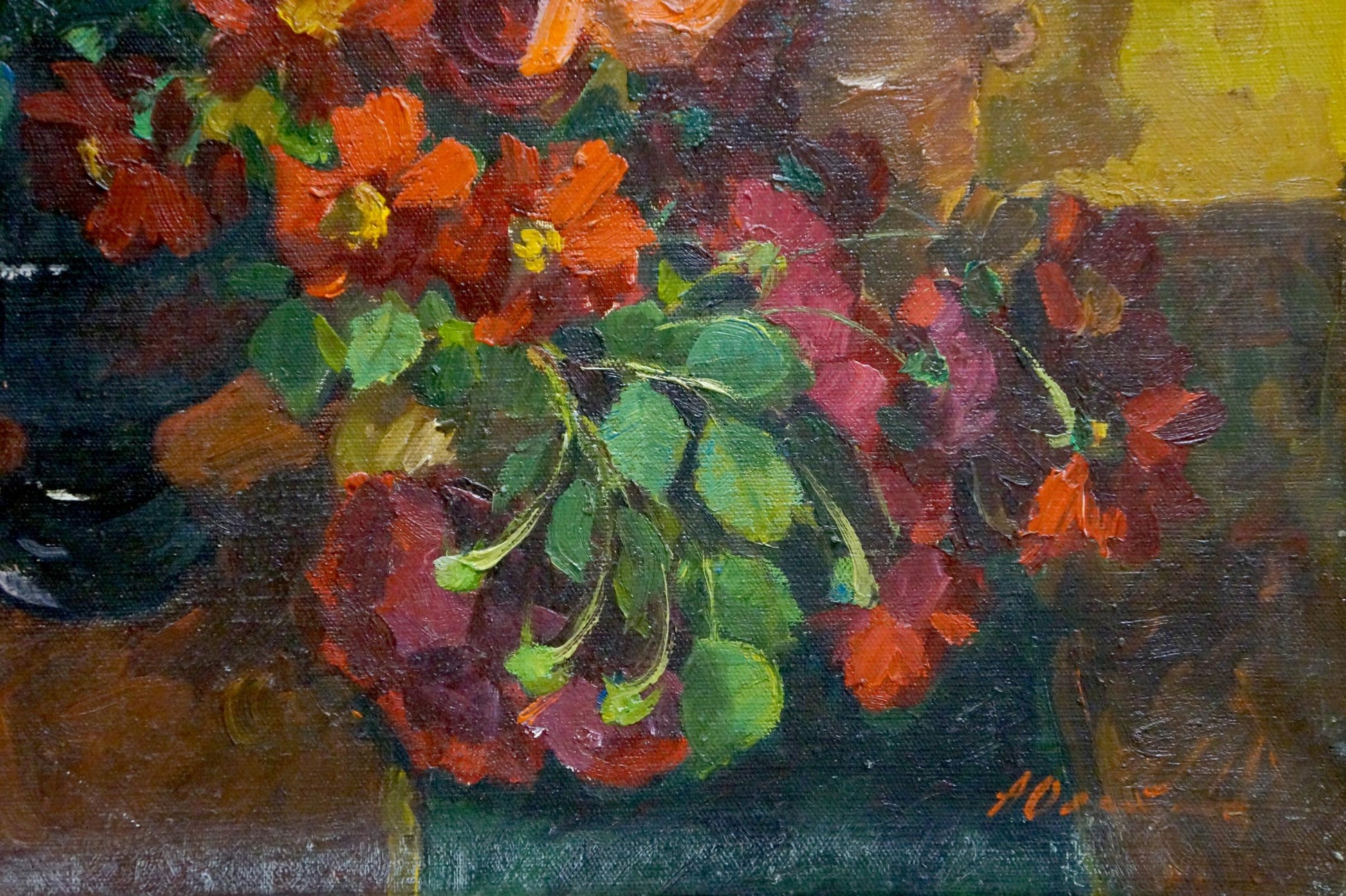 Oil painting of vibrant orange red rose bouquet by Oleinik Anna Petrovna