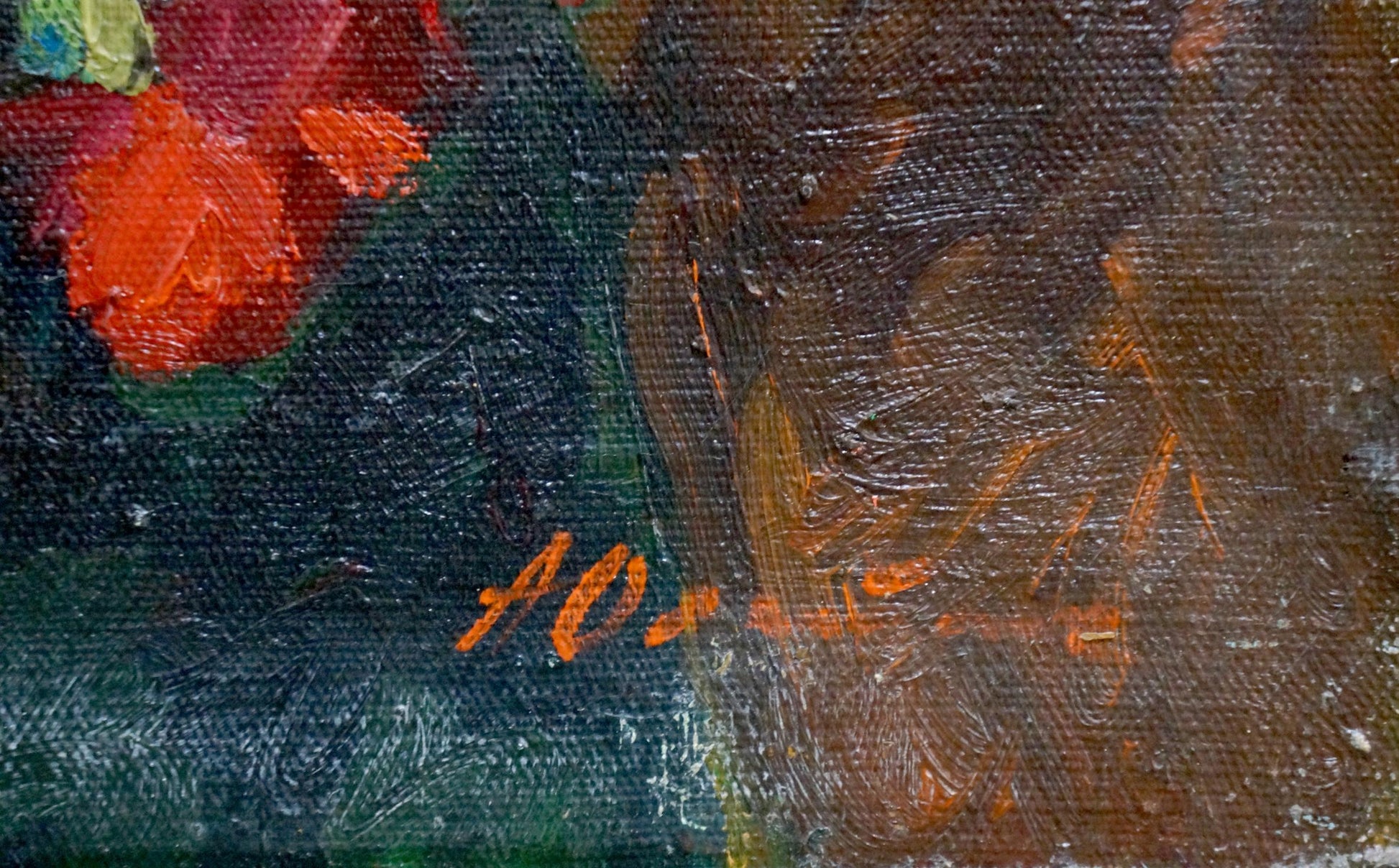 Oil painting Bouquet of roses by Oleinik Anna Petrovna with orange signature on dark textured canvas