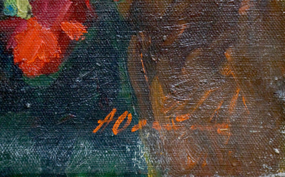Oil painting Bouquet of roses by Oleinik Anna Petrovna with orange signature on dark textured canvas