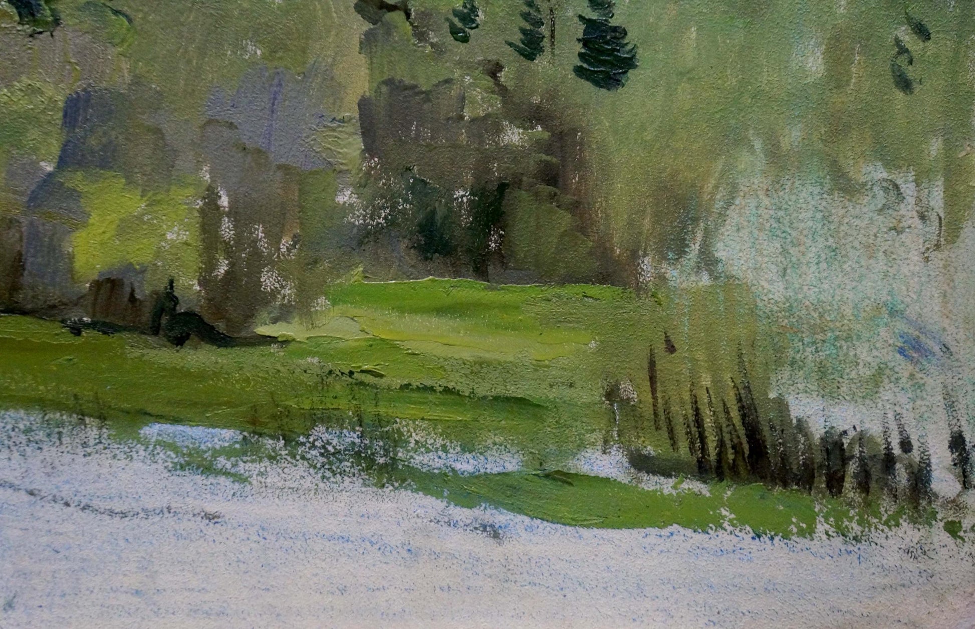 Oil painting Spring sketch by Yakovlev B.N.: lush green fields, evergreens
