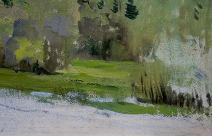 Oil painting Spring sketch by Yakovlev B.N.: lush green fields, evergreens