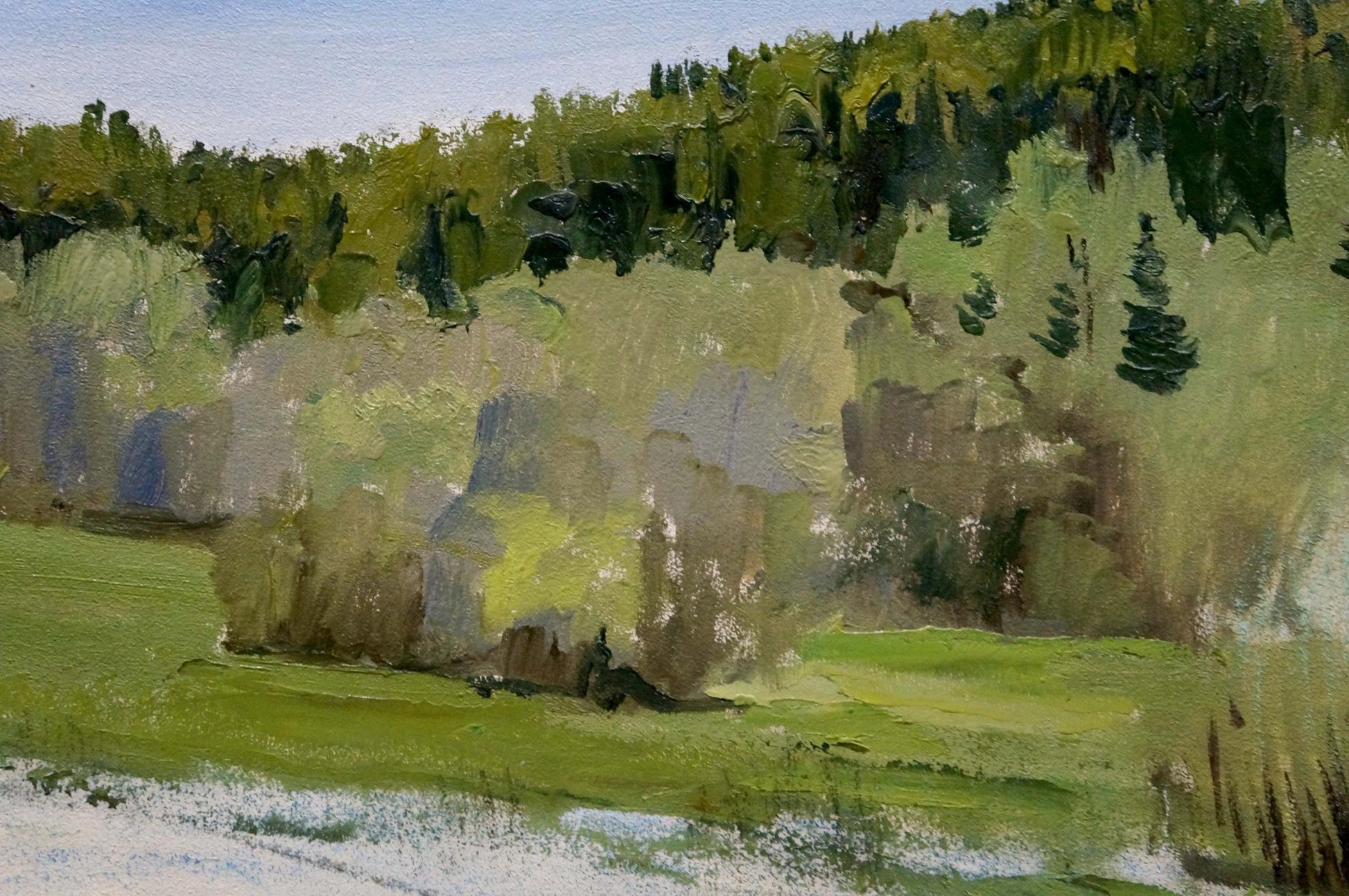 Textured impressionist oil painting Spring sketch Yakovlev B.N. of green forested hillside