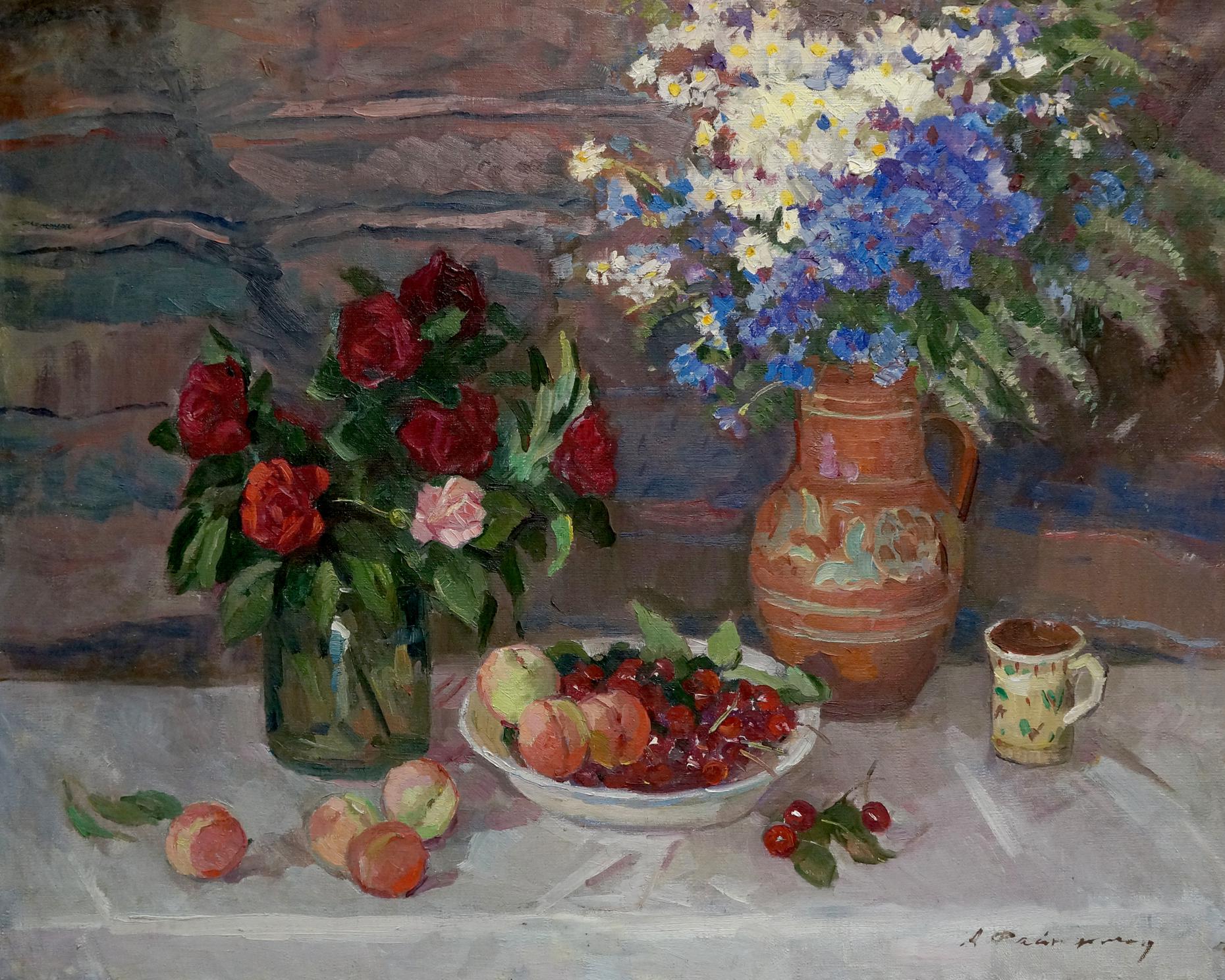 Oil painting Still life Faynerman Anna Lvovna terracotta pitcher with floral motifs