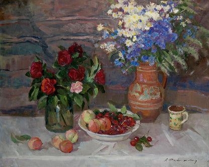 Oil painting Still life Faynerman Anna Lvovna terracotta pitcher with floral motifs