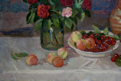 Oil painting Still life by Faynerman Anna Lvovna: green vase with red pink roses