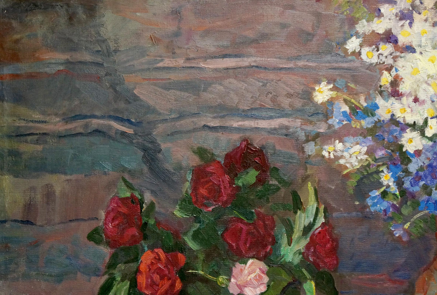 Oil painting by Faynerman Anna Lvovna: vibrant roses and daisies still life