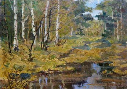 Serene birch forest oil painting by Stepanov A. S. with stream