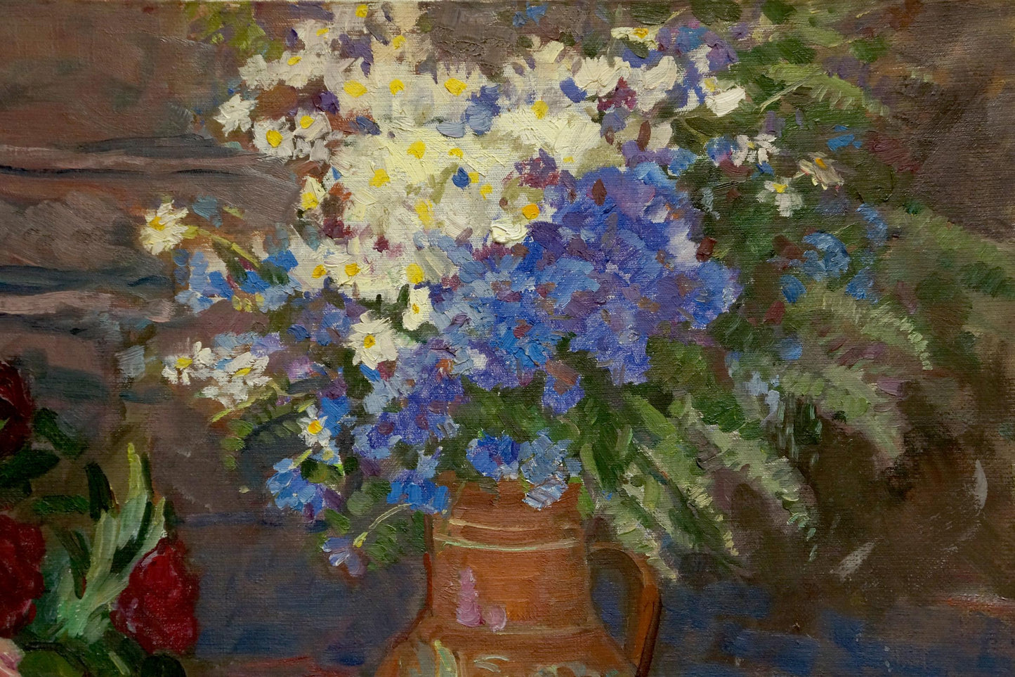 Oil painting by Faynerman Anna Lvovna: rustic terracotta pitcher with white and blue flowers