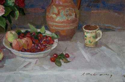 Oil painting Still life Faynerman Anna Lvovna terracotta pitcher with floral patterns