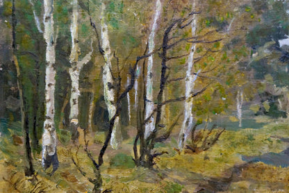 Oil painting Swamp in the forest by Stepanov A.S. with tall birch trees