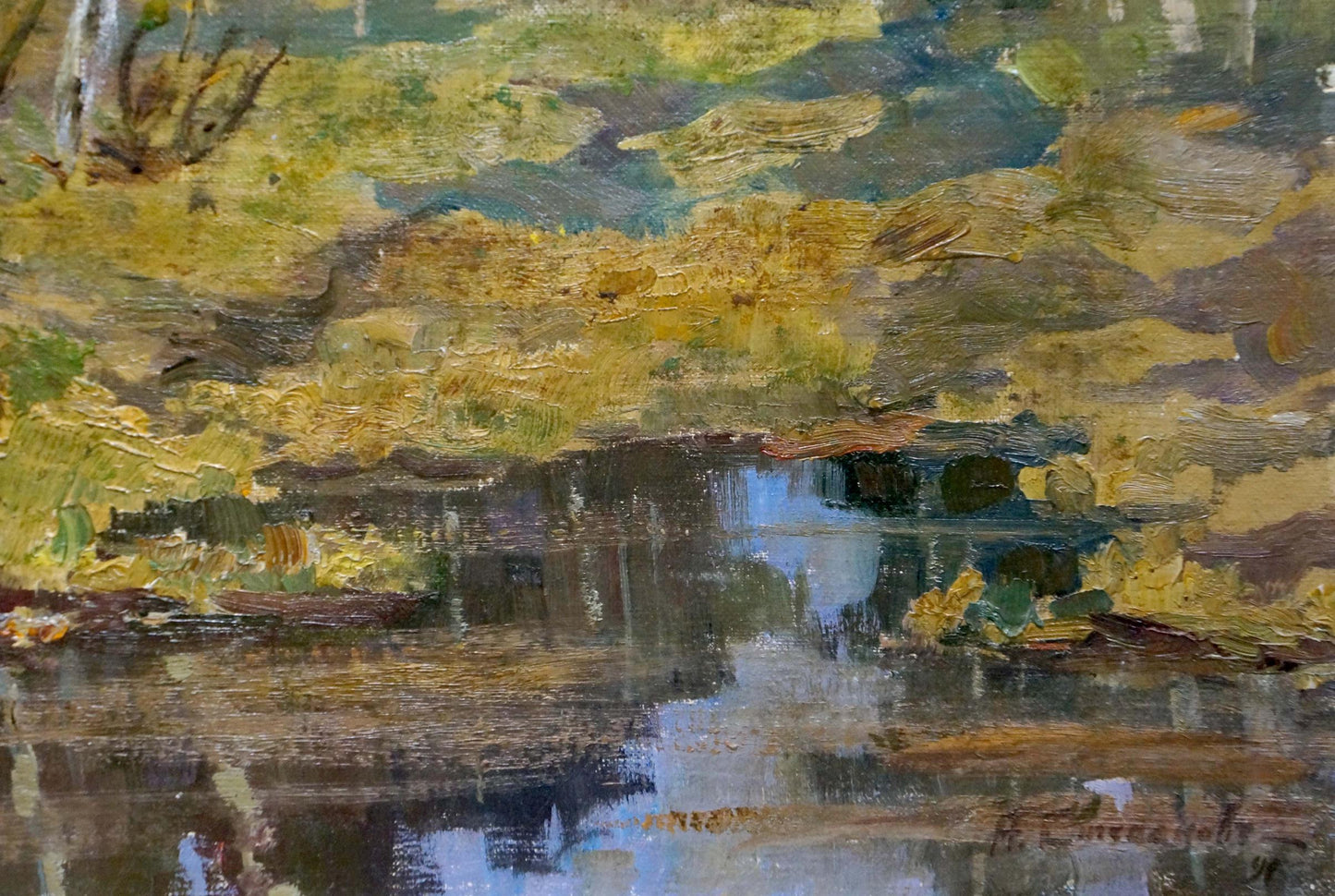 Oil painting Swamp in the forest by Stepanov A.S., serene autumn foliage reflection