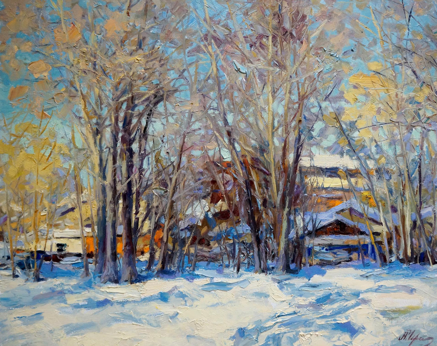 Vibrant impasto oil painting of snowy forest by Cherednichenko Alexander Nikolaevich