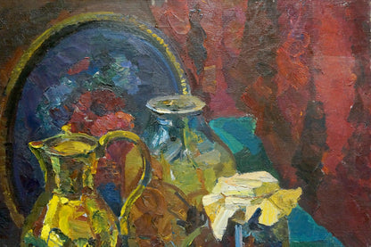 Oil painting Still life by Kerzhner Efim Aleksandrovic: golden pitcher and glass jar