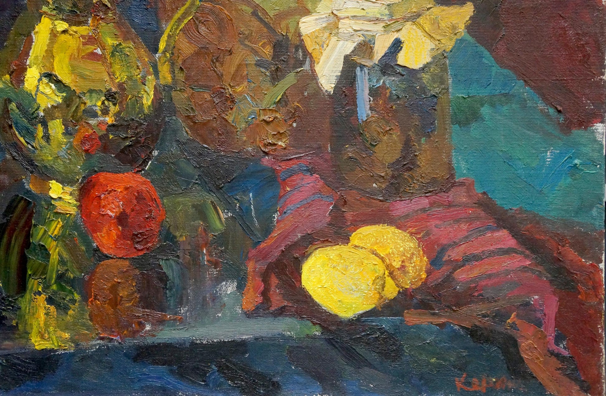 Vibrant oil painting by Kerzhner Efim Aleksandrovic: still life with fruit