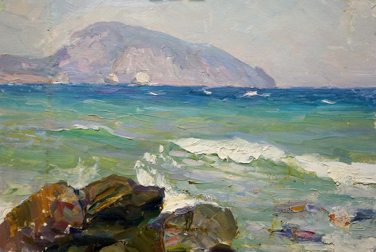 Oil painting seascape by Kolomoitsev Petr Mikhailovich, turquoise waves on rocks