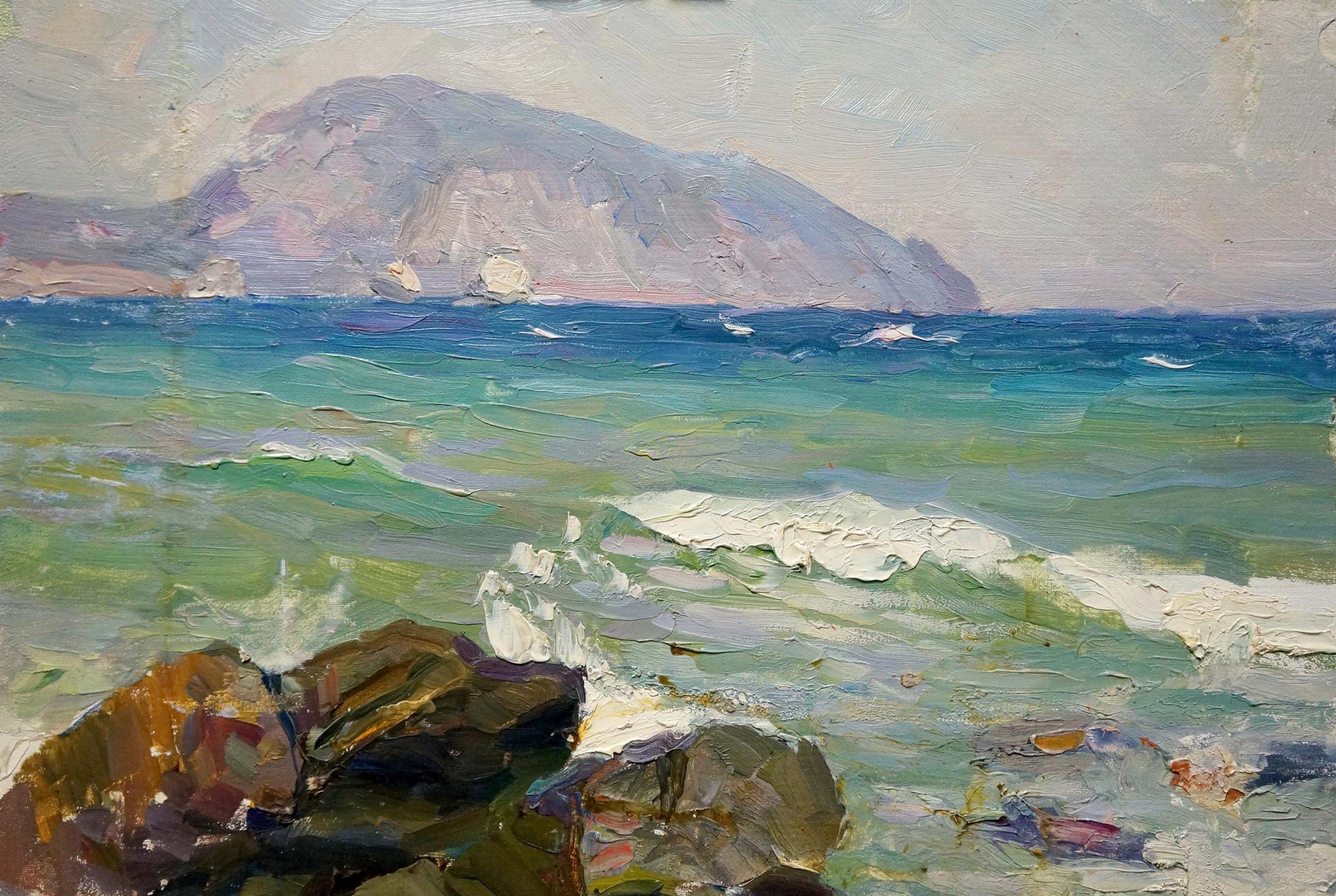 Oil painting seascape by Kolomoitsev Petr Mikhailovich, turquoise waves on rocks