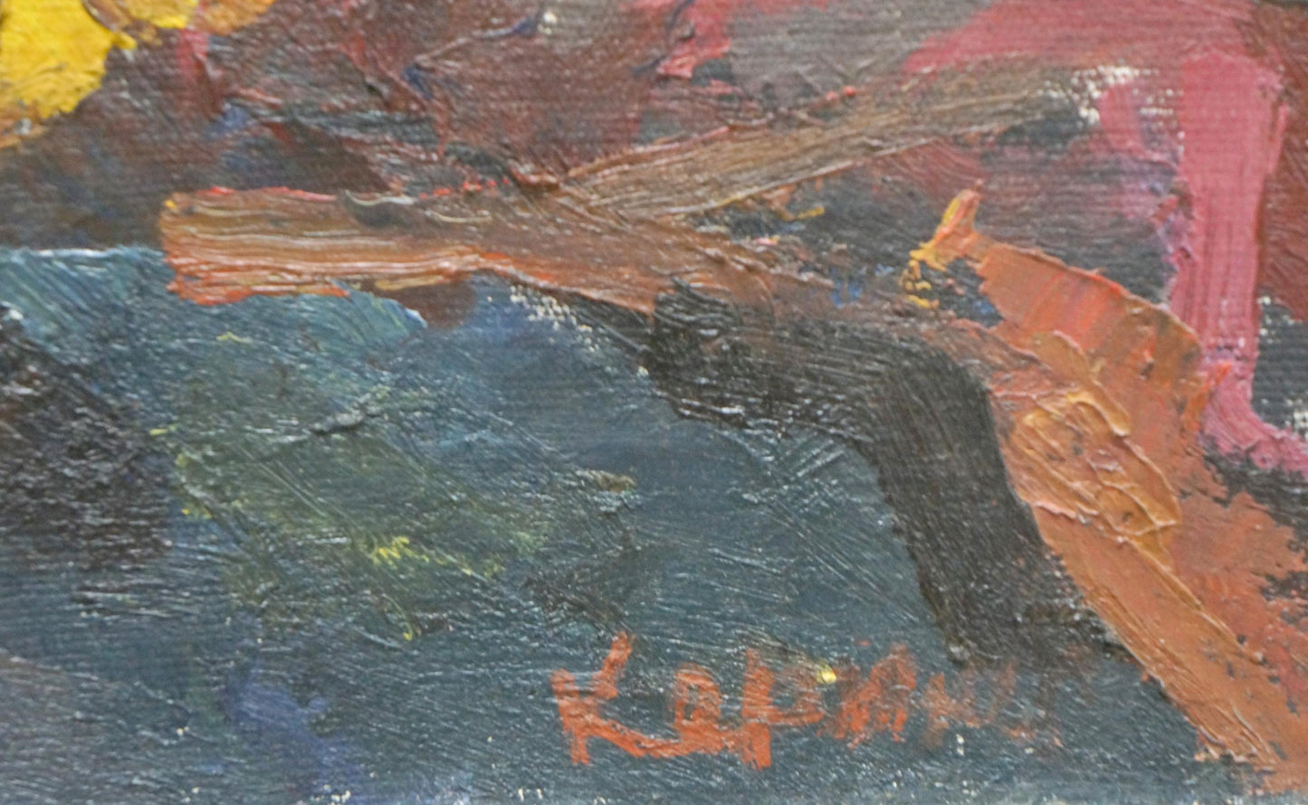 Oil painting Still life by Kerzhner Efim Aleksandrovic with bold red orange blue strokes