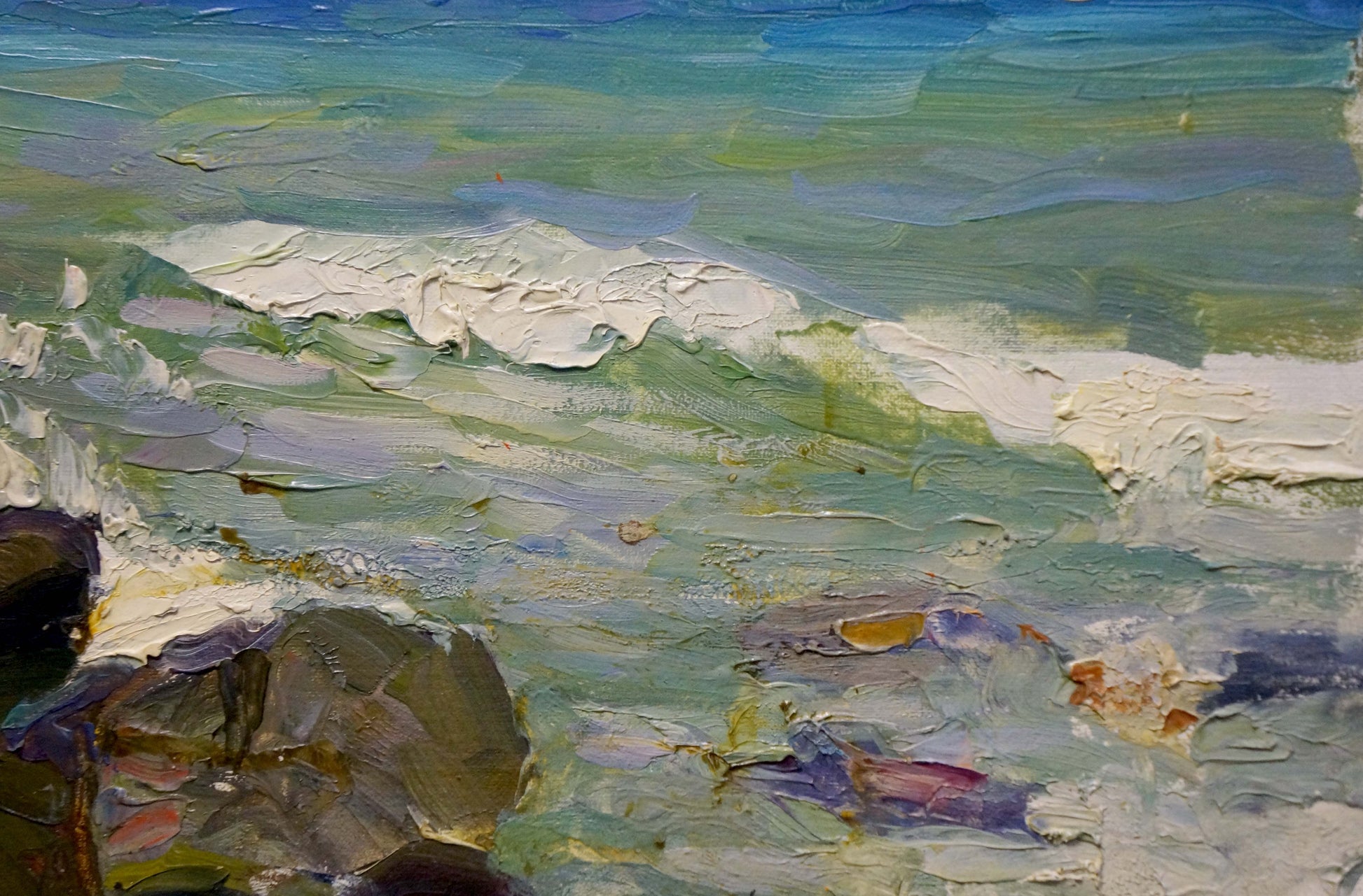 Textured impressionist oil painting of turquoise ocean waves by Kolomoitsev Petr Mikhailovich