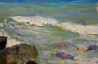 Textured impressionist oil painting of turquoise ocean waves by Kolomoitsev Petr Mikhailovich