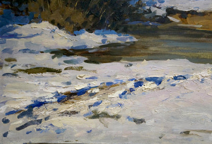 Oil painting Early spring by Konstantin Yermolshev snowy landscape