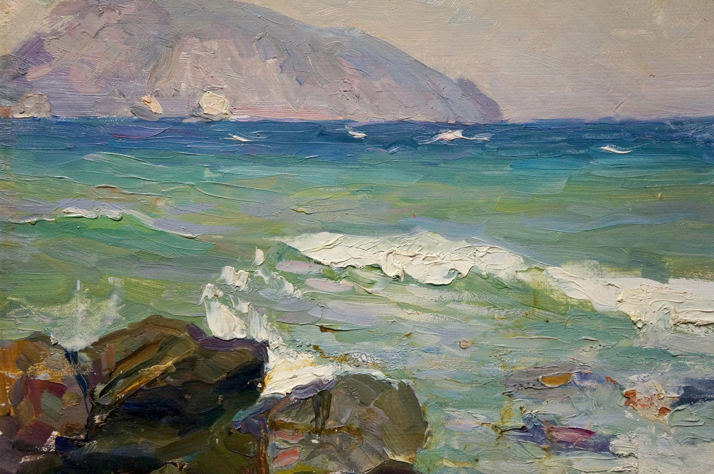Oil painting seascape by Kolomoitsev Petr Mikhailovich, turquoise waves on rocks