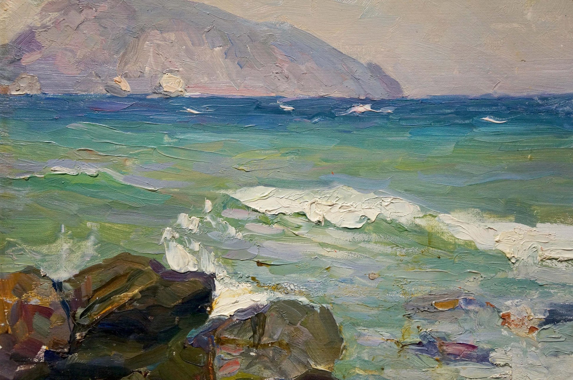 Oil painting seascape by Kolomoitsev Petr Mikhailovich, turquoise waves on rocks