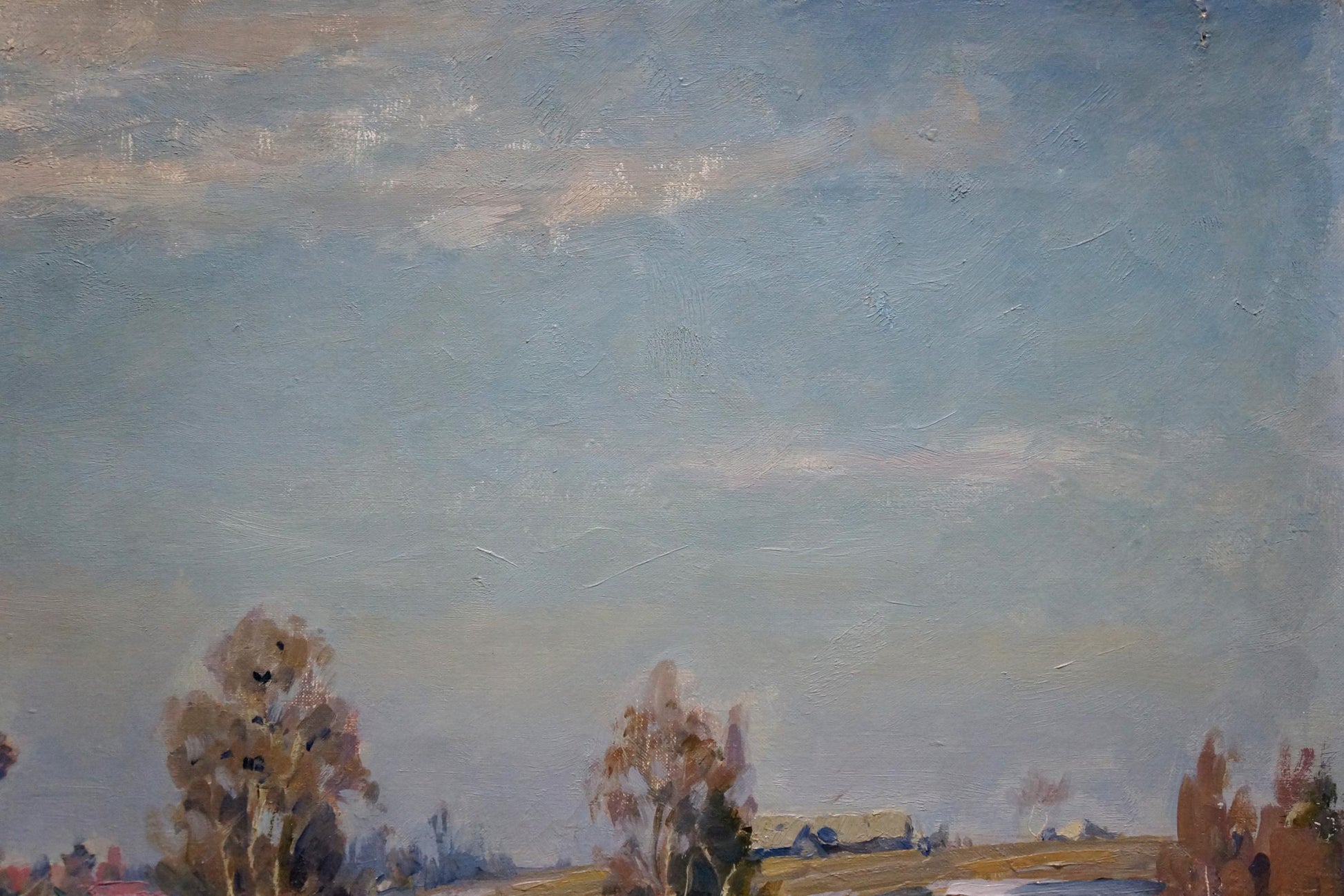 Oil painting Early spring by Konstantin Yermol’shev: soft blue sky, wispy clouds, trees