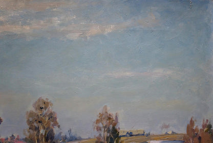 Oil painting Early spring by Konstantin Yermol’shev: soft blue sky, wispy clouds, trees