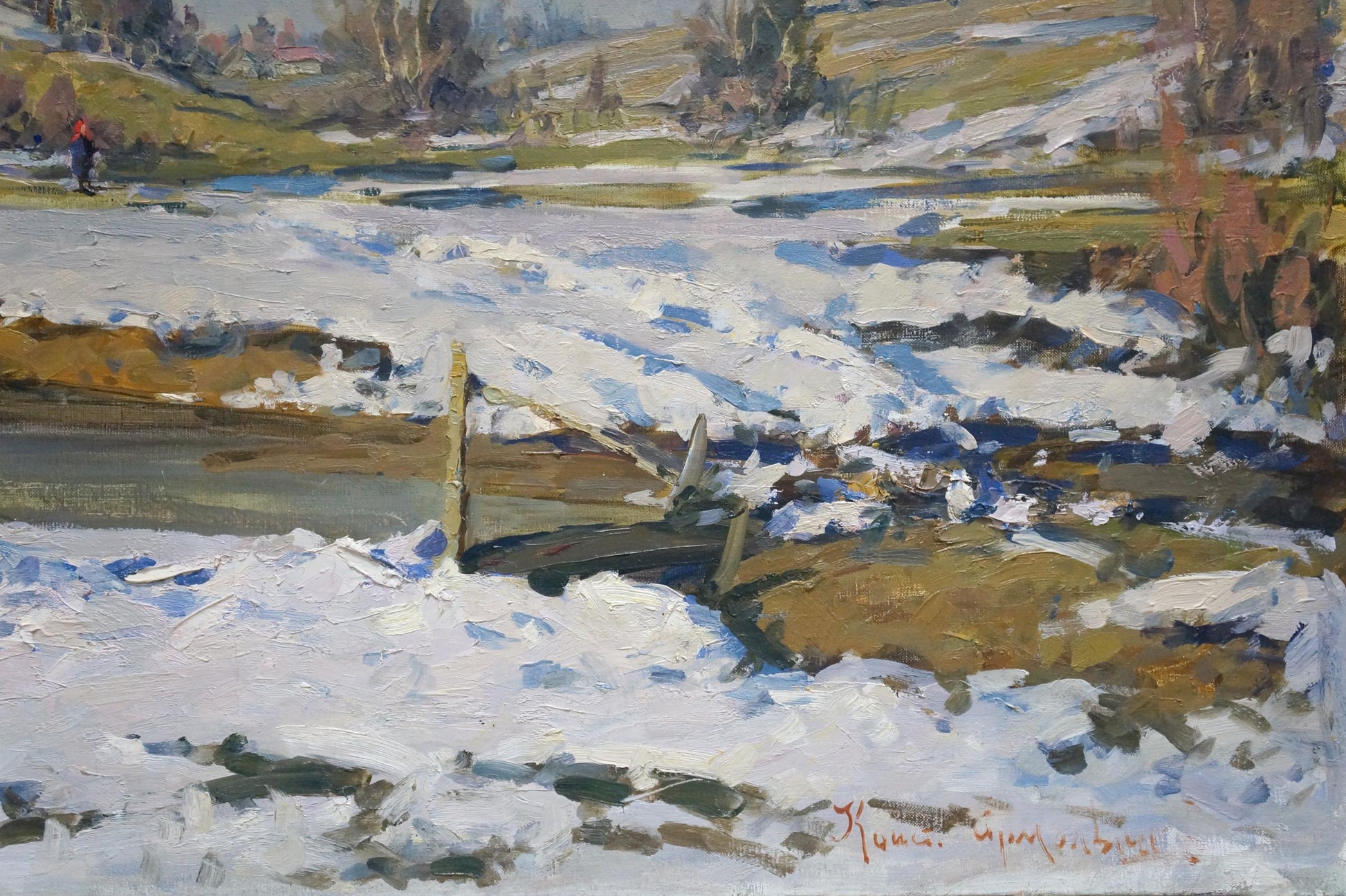 Oil painting by Konstantin Yermol’shev: rustic fence post by frozen stream in early spring snow