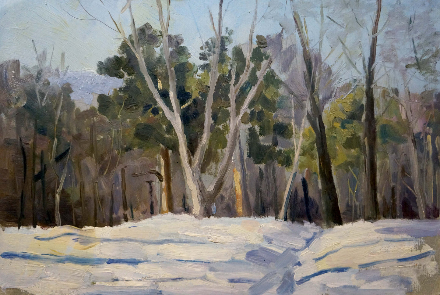 Oil painting of impenetrable winter forest with bare trees and snow