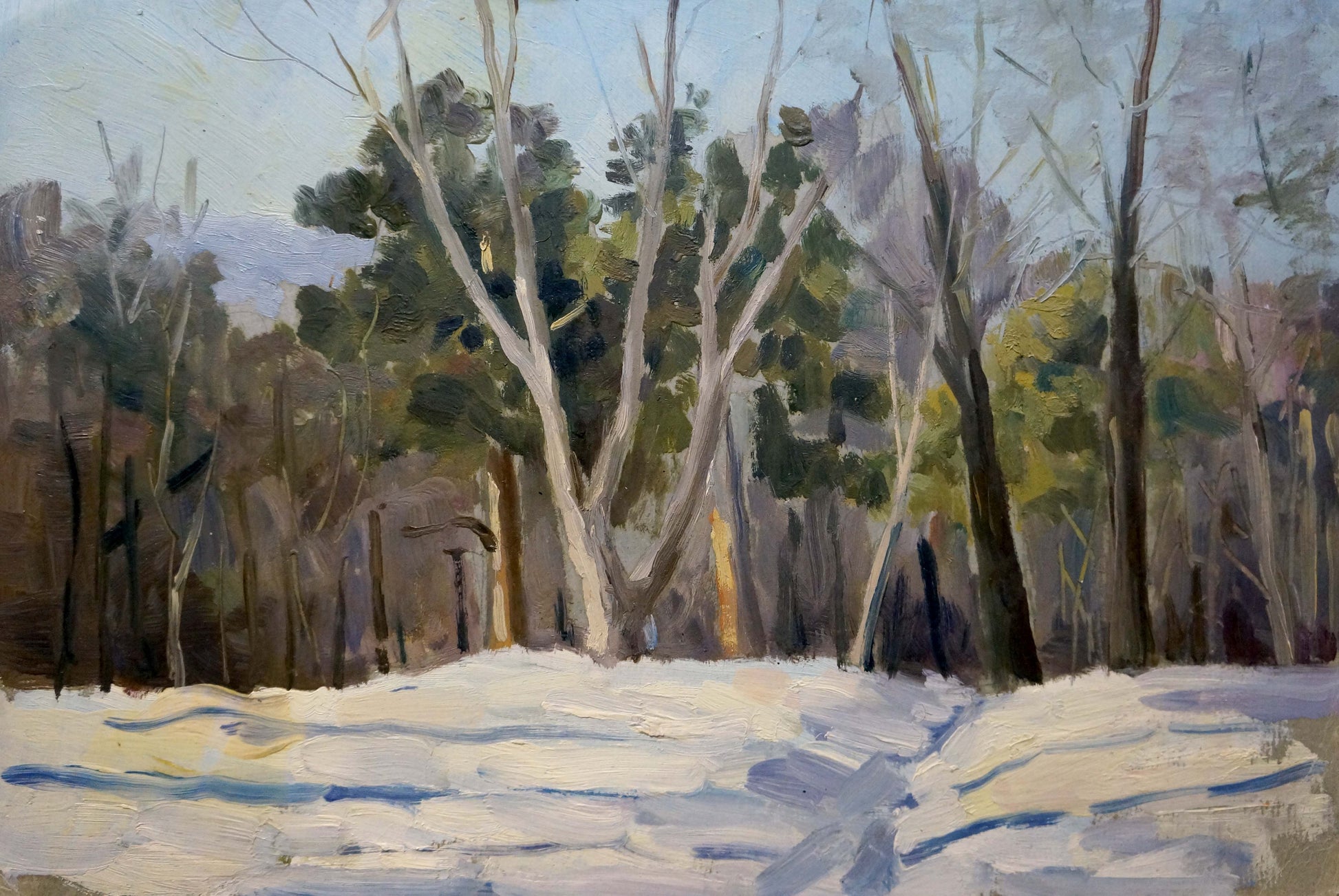 Oil painting of impenetrable winter forest with bare trees and snow