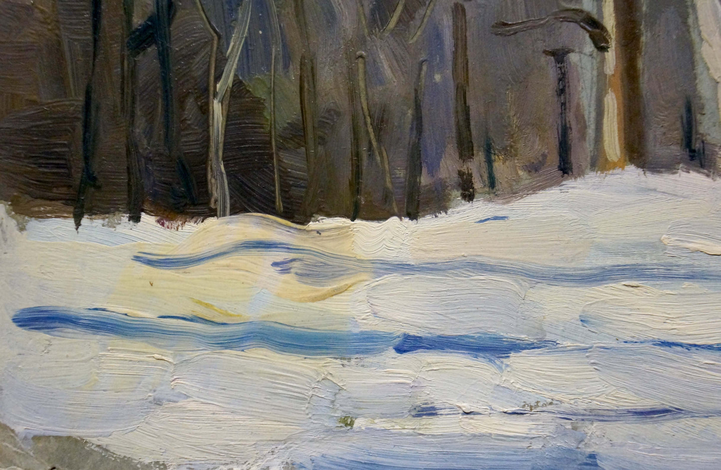 Impressionistic oil painting of impenetrable winter forest in snow