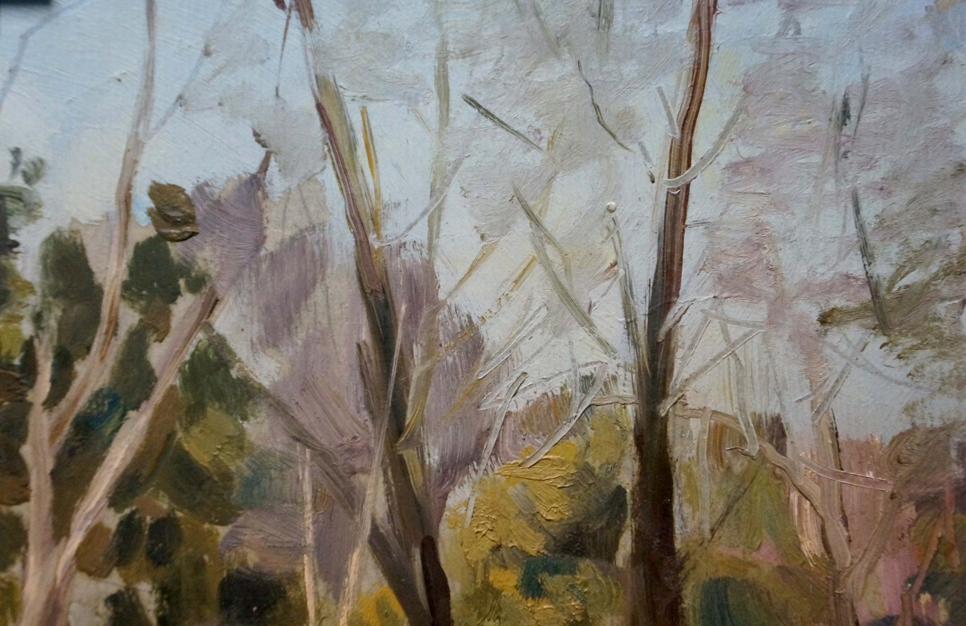 Oil painting of impenetrable winter forest with bare trunks, muted tones